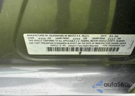 2006 Volkswagen Jetta из США, поврежденный, VIN 3VWST71K36M796240